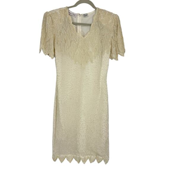 Lawrence Kazar Silk Beaded Sheath Dress Vintage size Small Ivory Short Sleeve - Picture 1 of 16